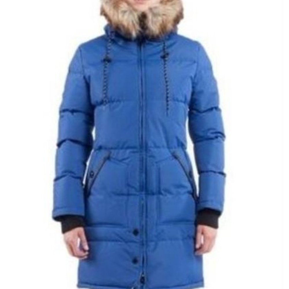 NOIZE Long Puffer Jacket Faux-Fur-Trim Jacket Blue